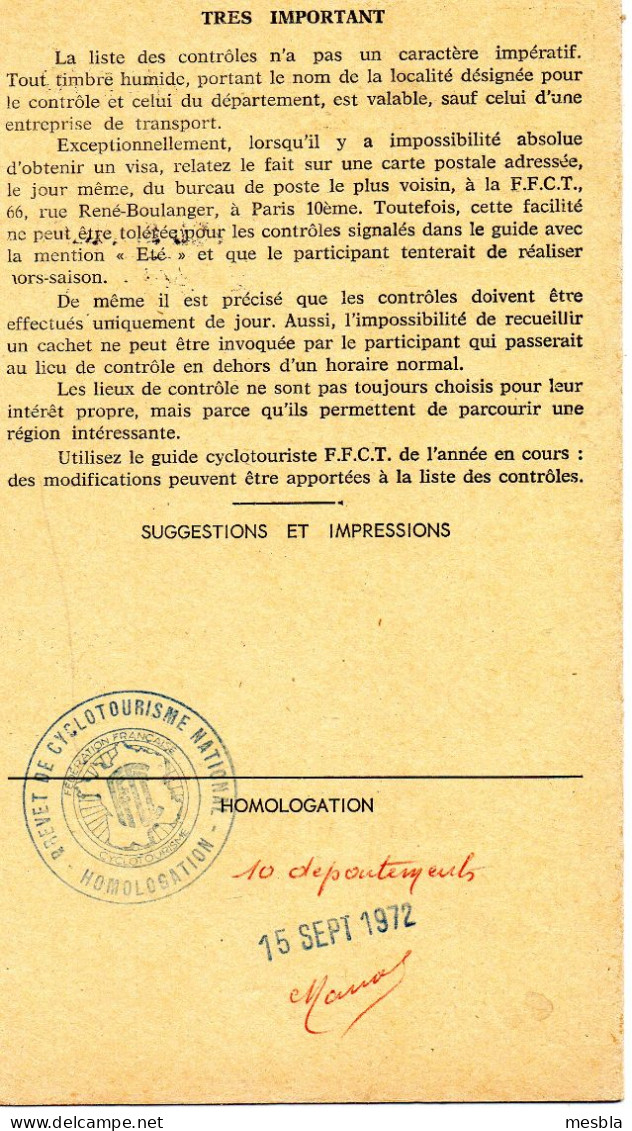 F.F.C.T  - BREVET DE CYCLOTOURISME NATIONAL - B.C.N -  10 Départements Avec Cachets Des Controles Dans Chaque Depmt.1971 - Documents Historiques