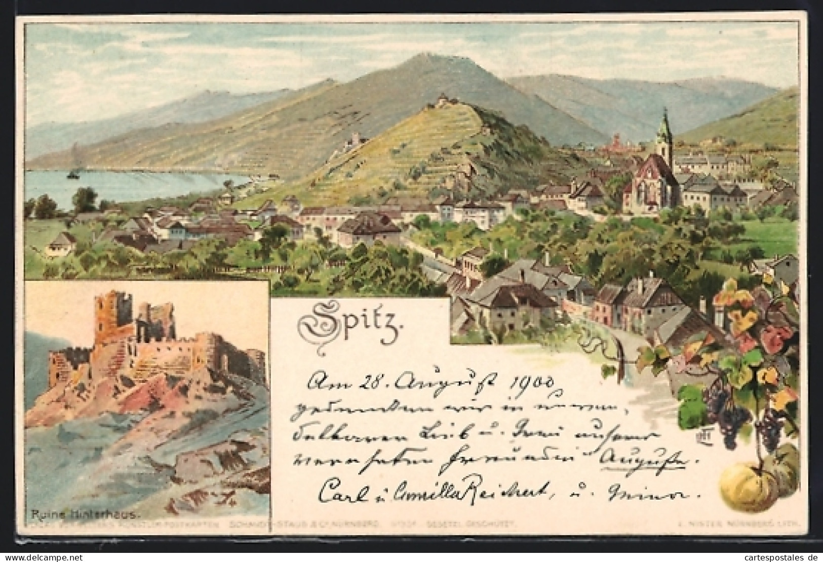 Lithographie Spitz, Ruine Hinterhaus, Teilansicht Mit Kirche Und Weinbergen  - Otros & Sin Clasificación