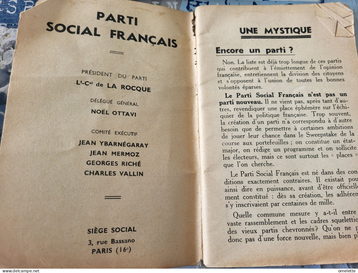 PARTI SOCIAL FRANCAIS UNE MYSTIQUE UN PROGRAMME /LA ROCQUE/OTTAVI/ YBARNEGARAY/MERMOZ/RICHE /VALLIN - 1901-1940