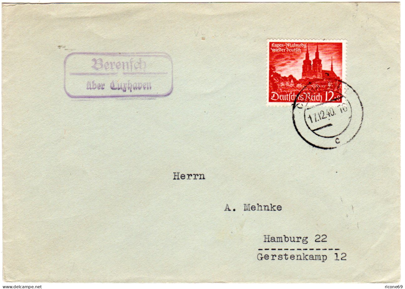 DR 1940, Landpost Stpl. BERENSCH über Cuxhaven Auf Brief M. 12 Pf.  - Lettres & Documents