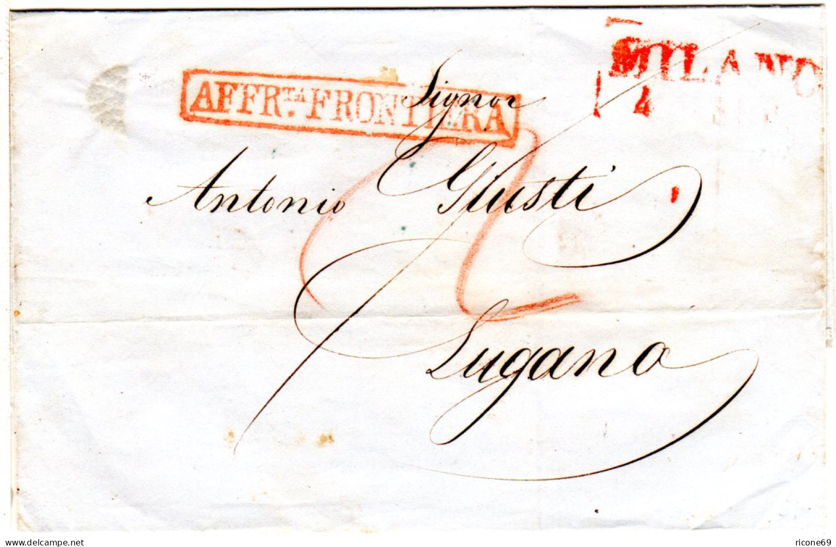 Lombardei 1847, Roter R2 MILANO U. AFFRta.FRONTIERA Auf Brief N. Lugano Schweiz - Unclassified