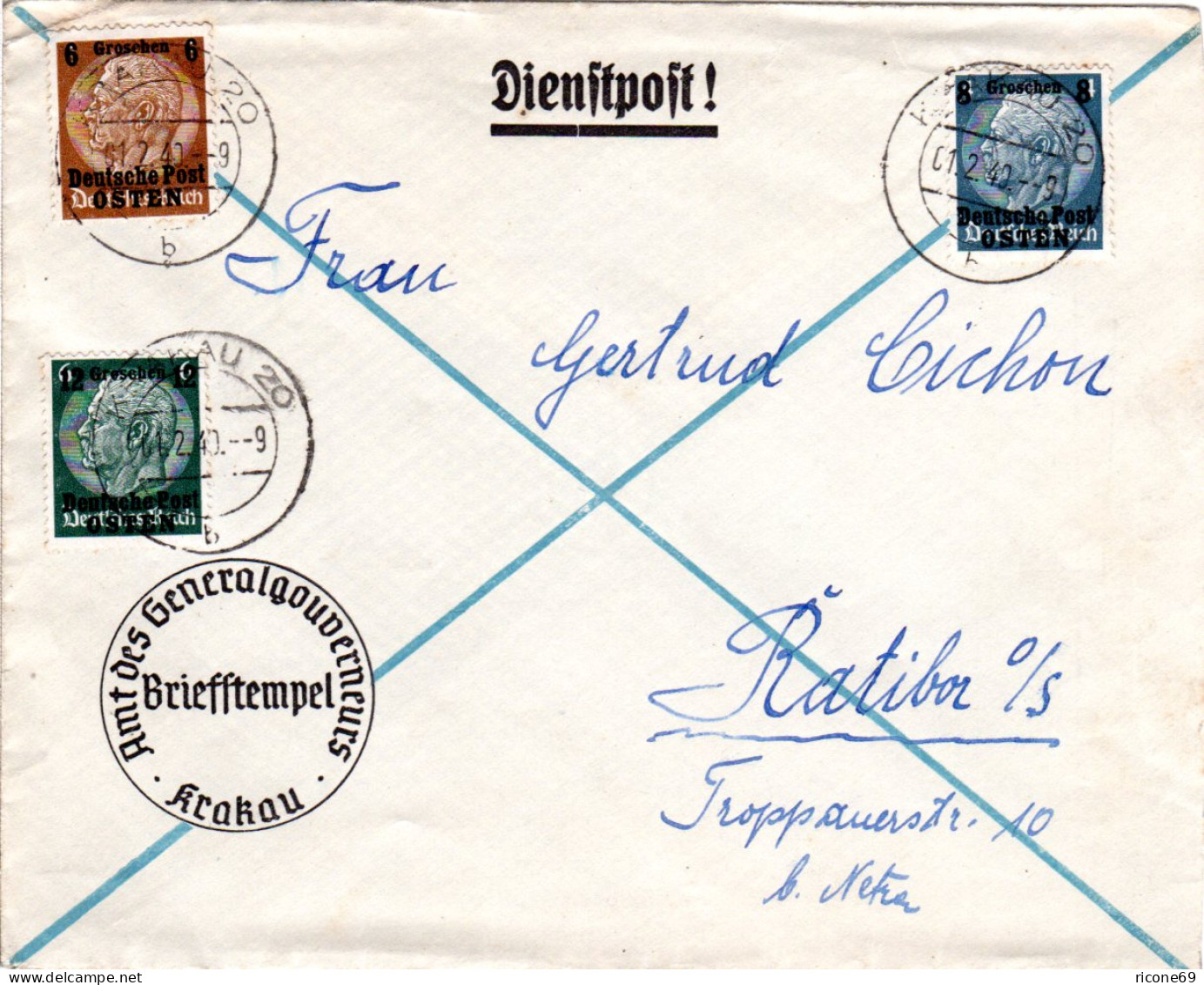 Generalgouvernement 1940, 3 Marken Auf Dienstpost Brief V. Krakau 20 - Besetzungen 1938-45