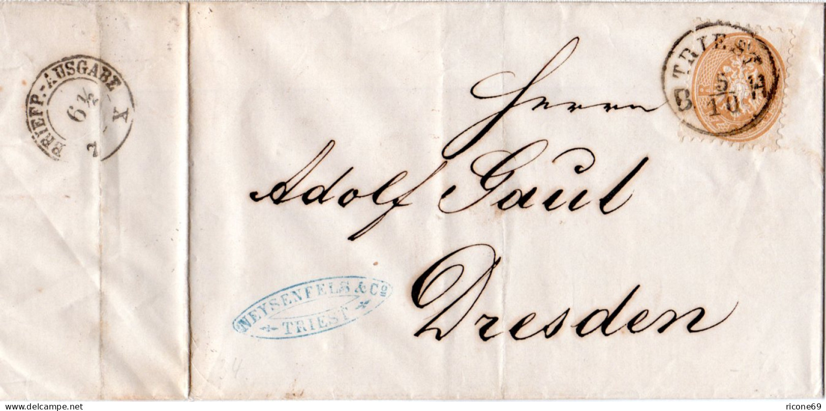 Österreich 1864, 15 Kr. Auf Brief V. TRIEST N. Dresden, Sachsen. - Briefe U. Dokumente