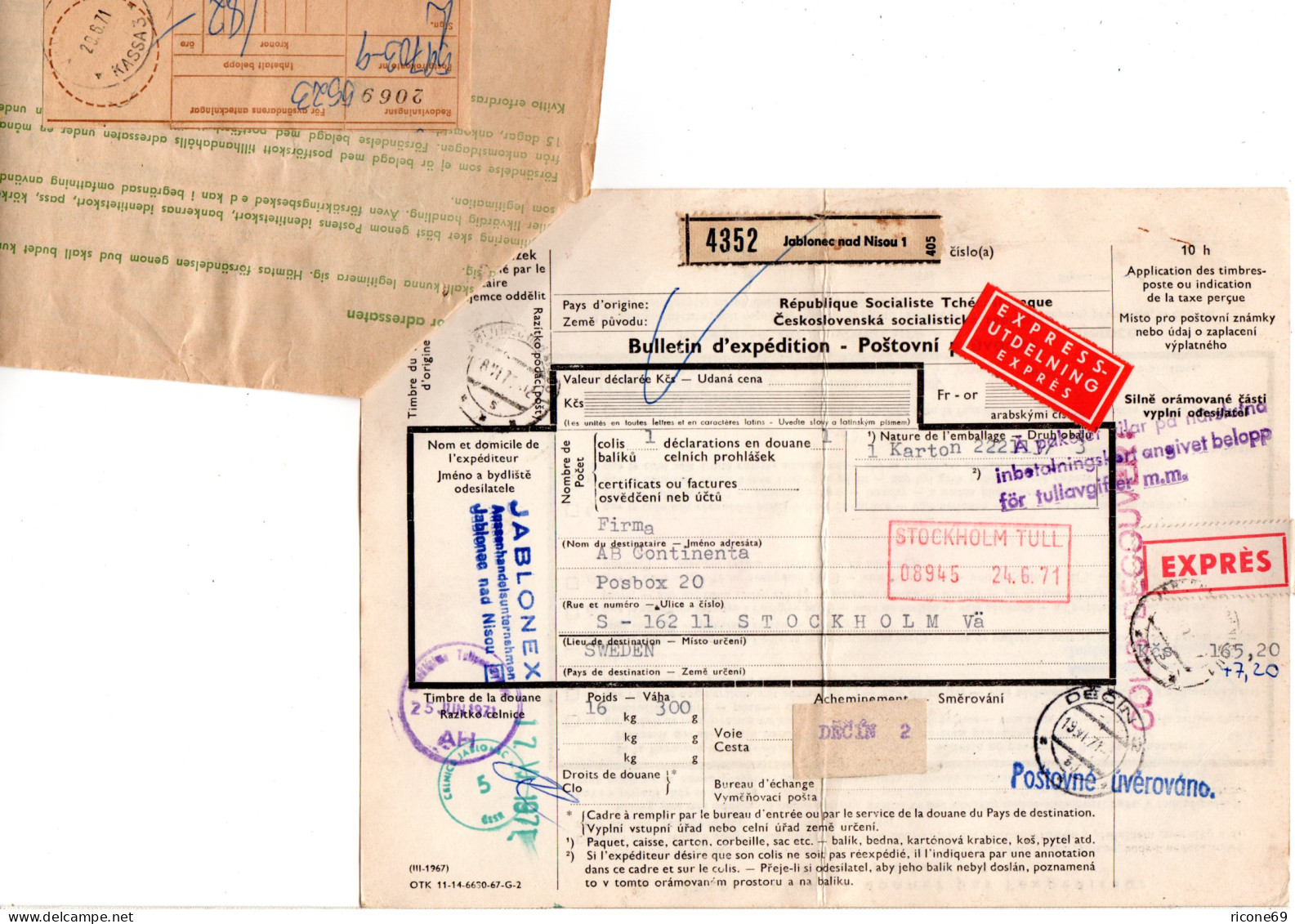 Tschechoslowakei 1971, Express Paketkarte V. Jablonec M. Schweden Postformular. - Brieven En Documenten