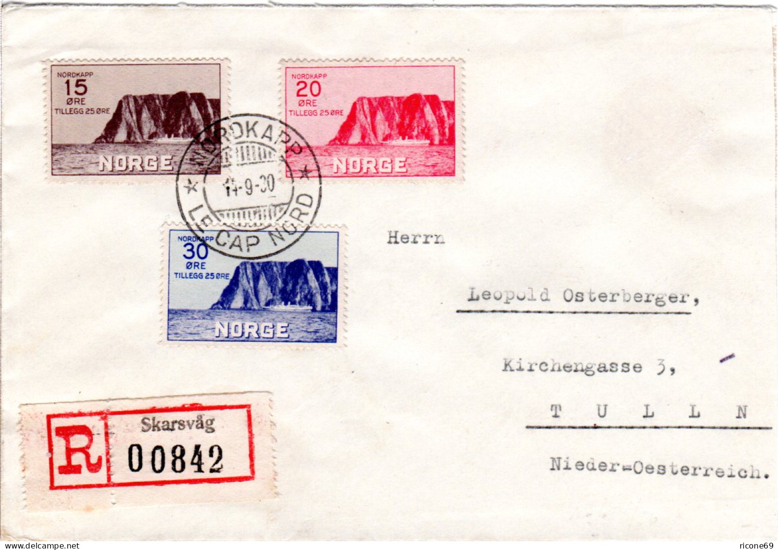 Norwegen 1930, Nordcap I Kpl. Auf Einschreiben Brief M. R-Zettel V. Skarsvag - Lettres & Documents