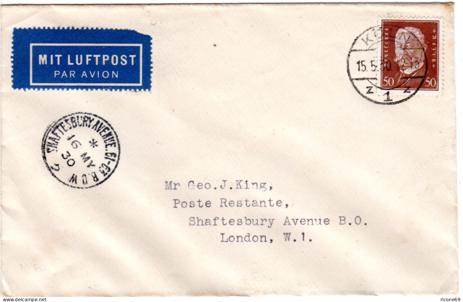 DR 1930, EF 50 Pf. Auf Luftpost Brief V. Köln N. GB - Brieven En Documenten