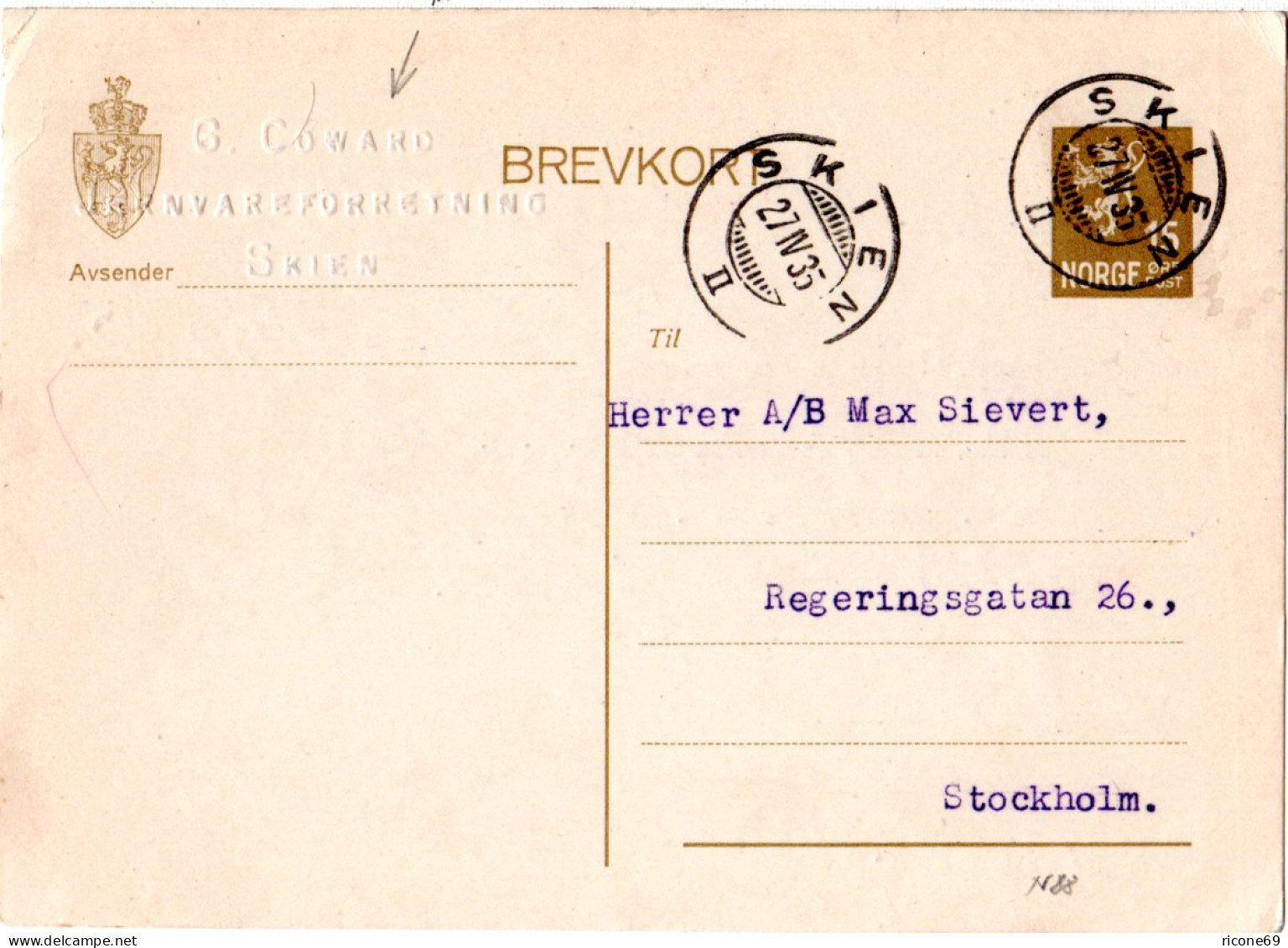 Norwegen 1935, 15 öre Ganzsache V. Skien N. Schweden M. Firmenprägung G. Coward - Brieven En Documenten