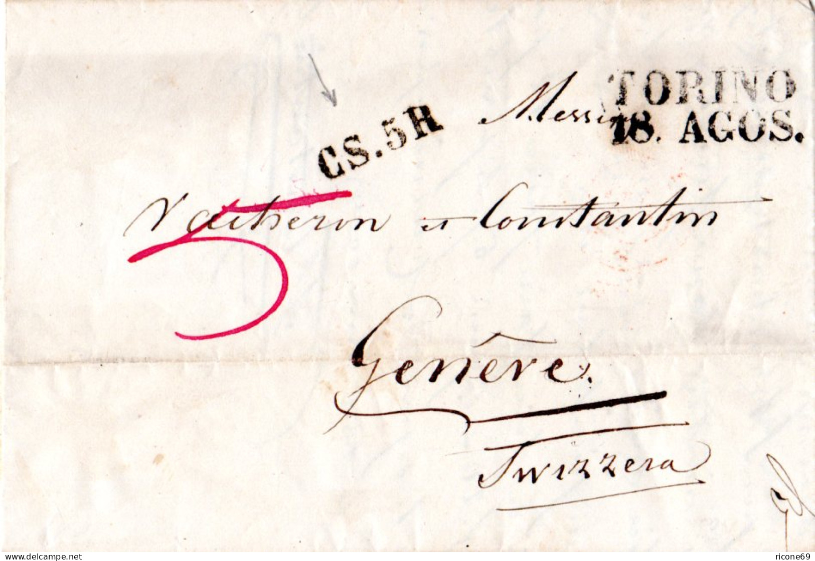 Italien, Sardinien 1847, L2 TORINO U. CS.5R  Auf Porto Brief I.d. Schweiz - Unclassified