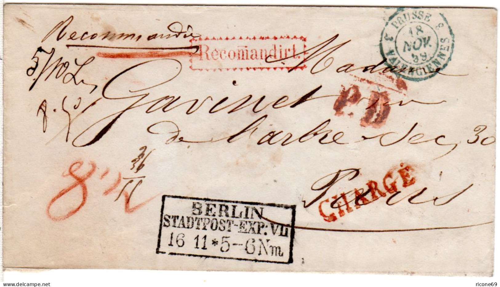 Preussen 1859, R3 BERLIN STADTPOST-EXP: VII Auf Einschreiben Brief N. Frankreich - Briefe U. Dokumente