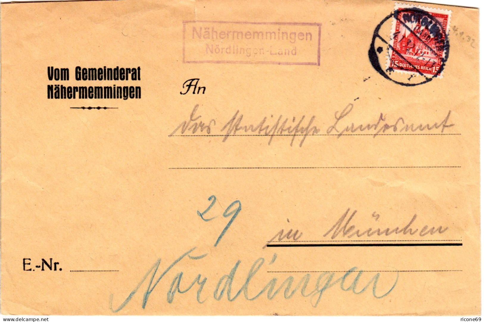 DR 1932, Landpost Stpl. Nähermemmingen Nördlingen Land Auf Brief M. 15 Pf. Type! - Lettres & Documents