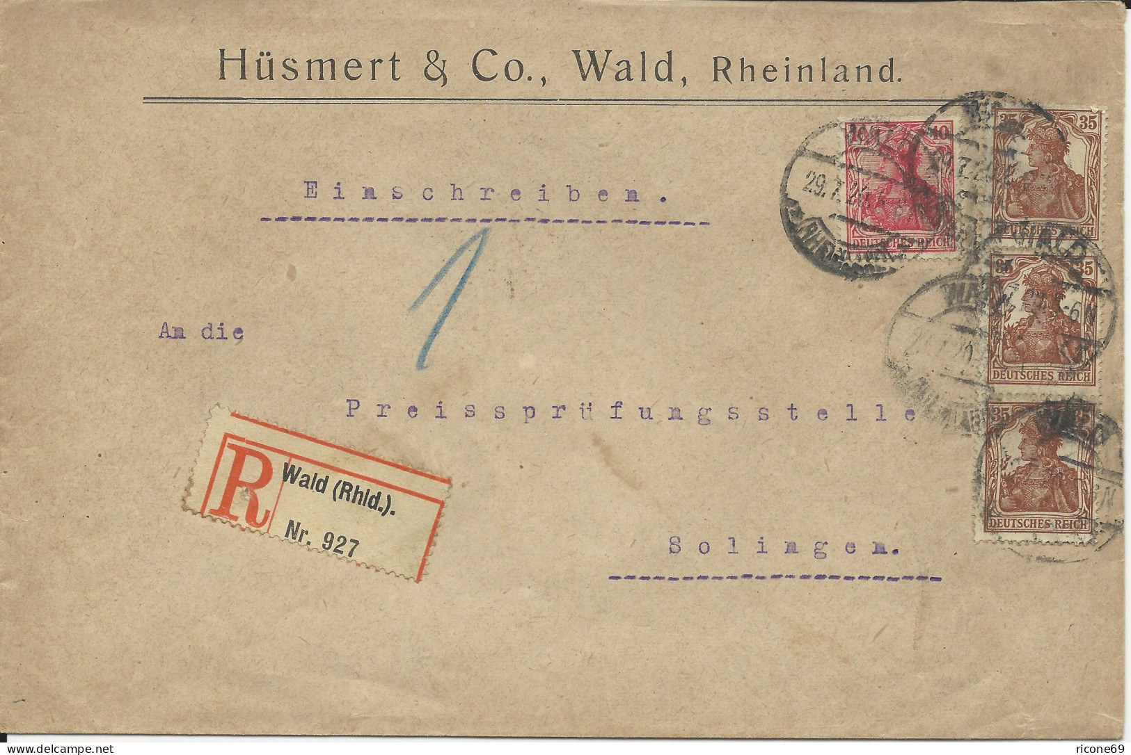 DR 1920, Wald Rheinland, Firmen Einschreiben Brief M. 4 Marken N. Solingen - Briefe U. Dokumente