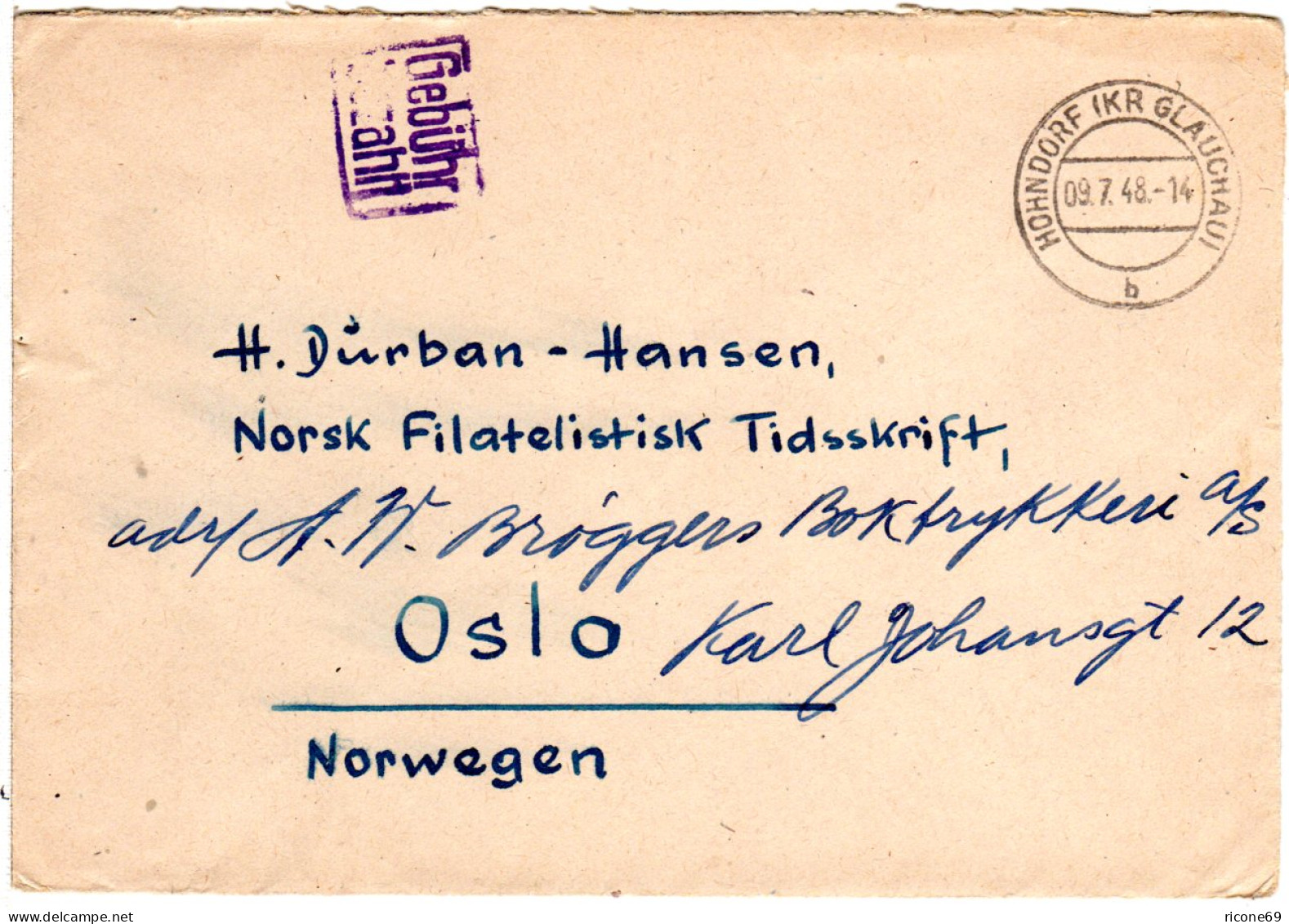 1948, Blauer R2 Gebühr Bezahlt Auf Brief V. HOHNDORF (SBZ) N. Norwegen - Lettres & Documents