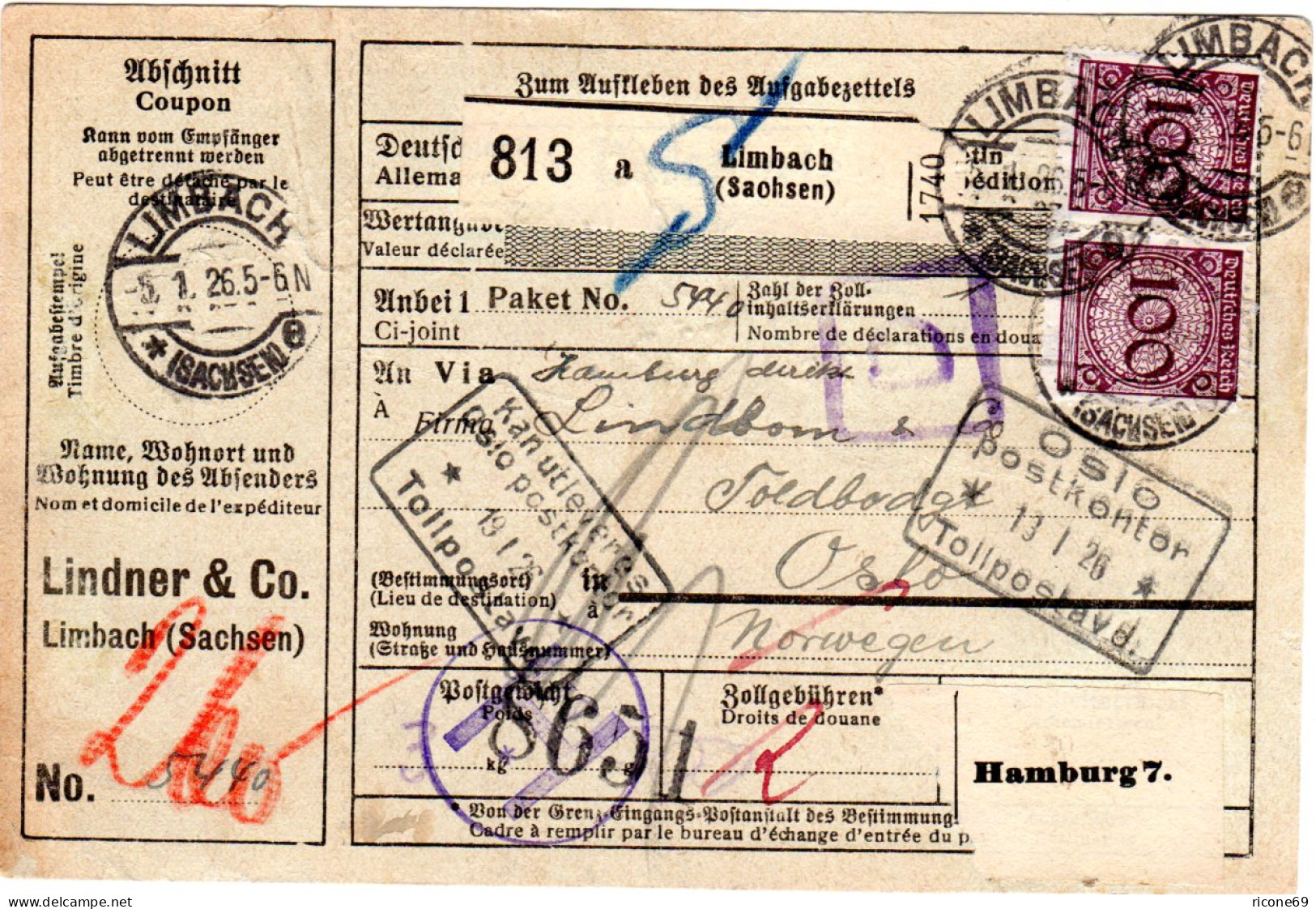 DR 1926, 2x30+2x100 Pf. Vorder- U.rs. Auf Paketkarte V. Limbach N. Norwegen - Brieven En Documenten