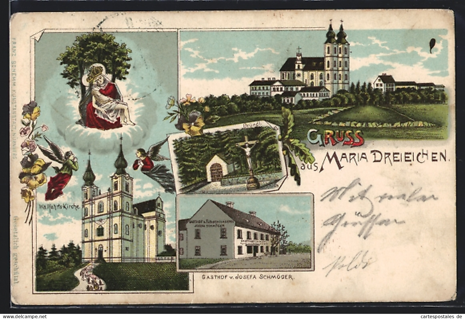 Lithographie Maria Dreieichen, Die Wallfahrtskirche, Gasthof V. Josefa Schmöger, Bründl, Ortsansicht  - Autres & Non Classés