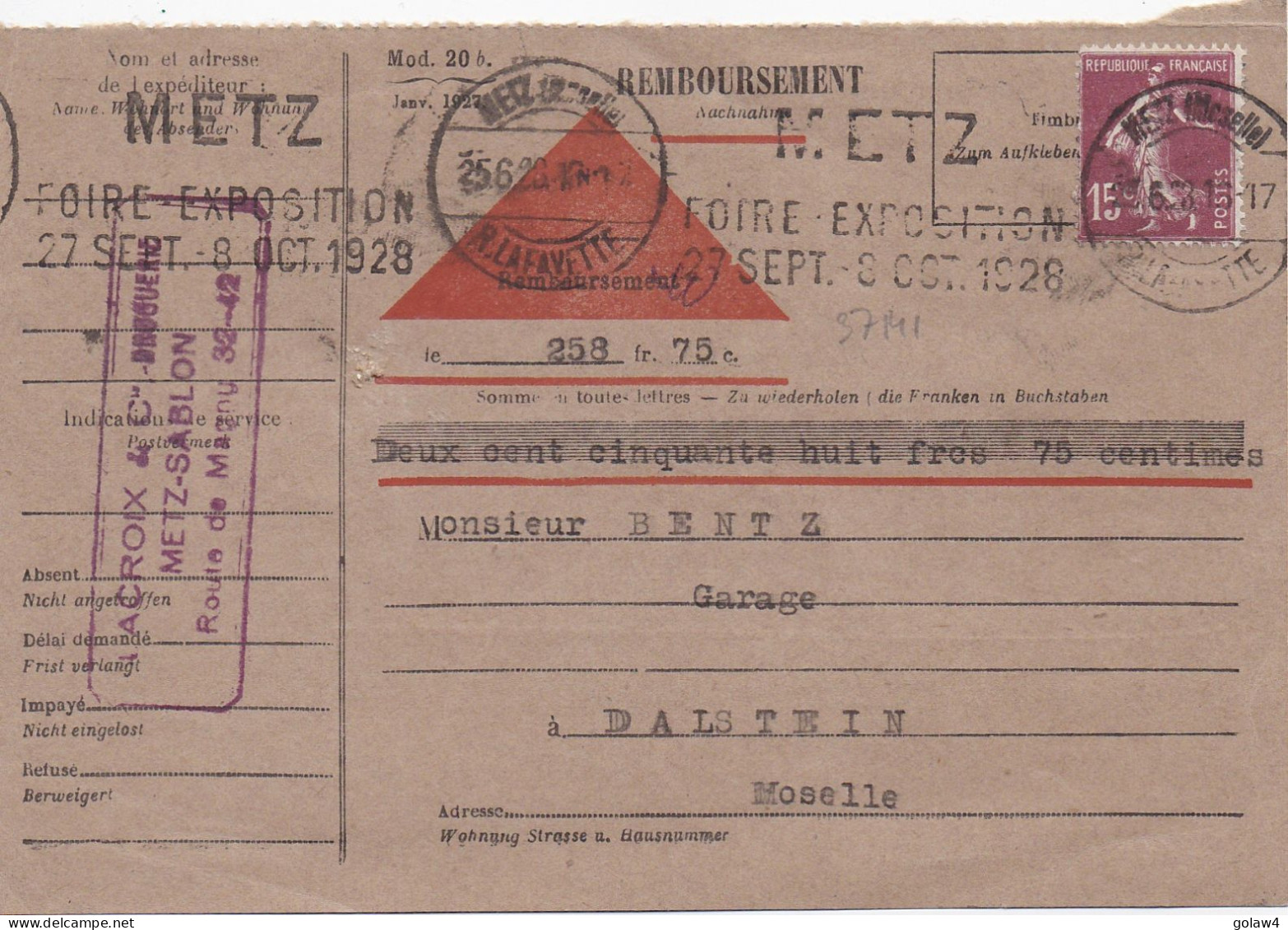 37141# SEMEUSE SEUL CARTE CONTRE REMBOURSEMENT Obl METZ R. LAFAYETTE MOSELLE FOIRE EXPOSITION 1928 DALSTEIN - Covers & Documents