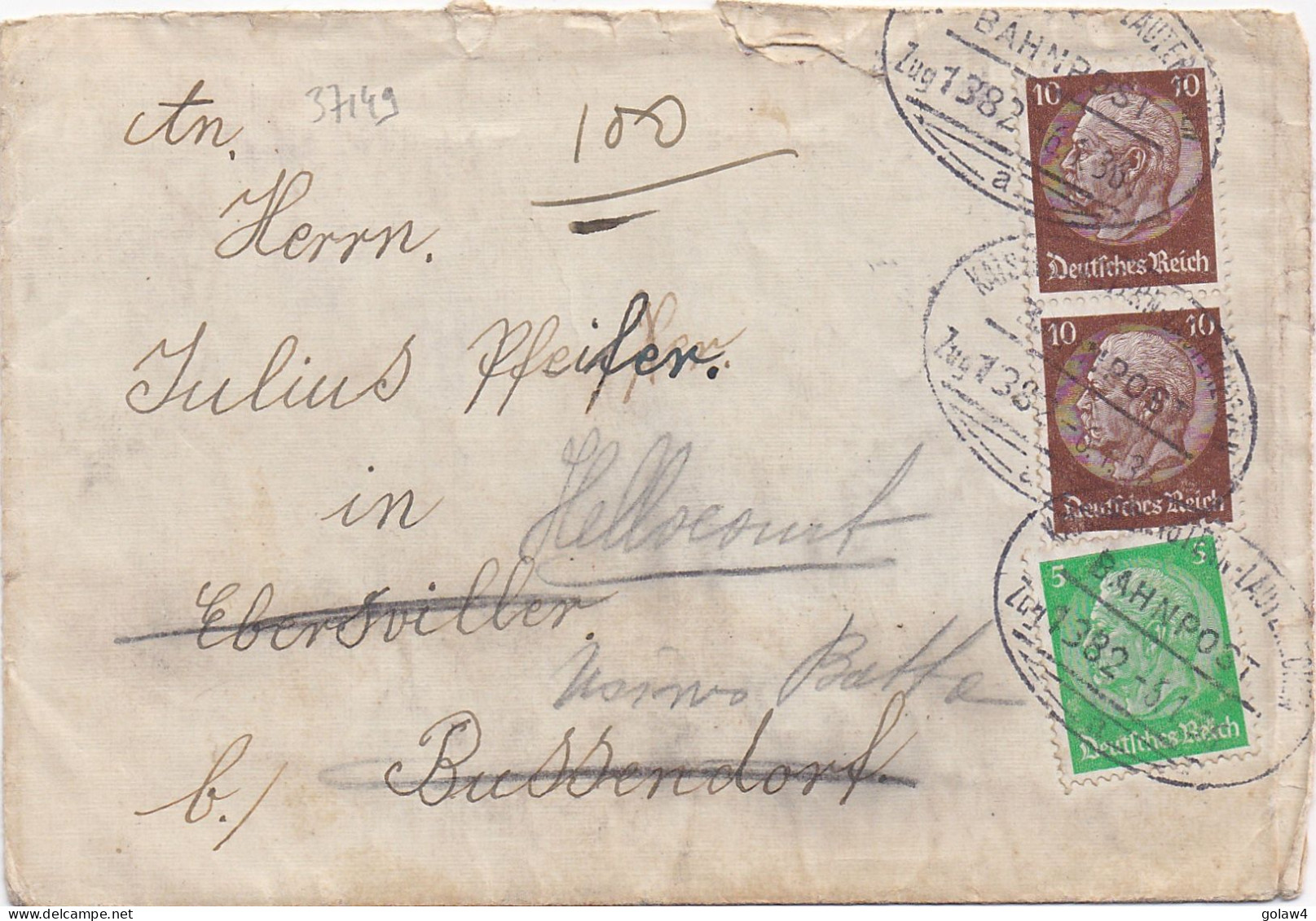 37149# HINDENBURG LETTRE Obl KAISERSLAUTERN LAUTERECKEN BAHNPOST ZUG 1382 1936 AMBULANT Pour EBERSVILLER BOUZONVILLE - Lettres & Documents