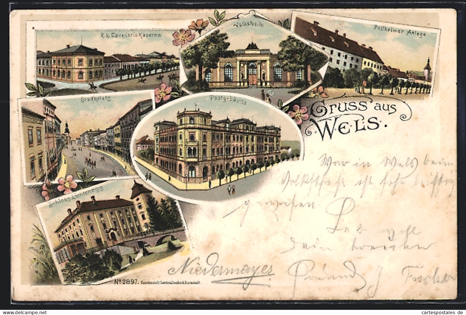 Lithographie Wels, Postgebäude, Stadtplatz, K. K. Cavallerie-Kaserne, Volkshalle  - Other & Unclassified