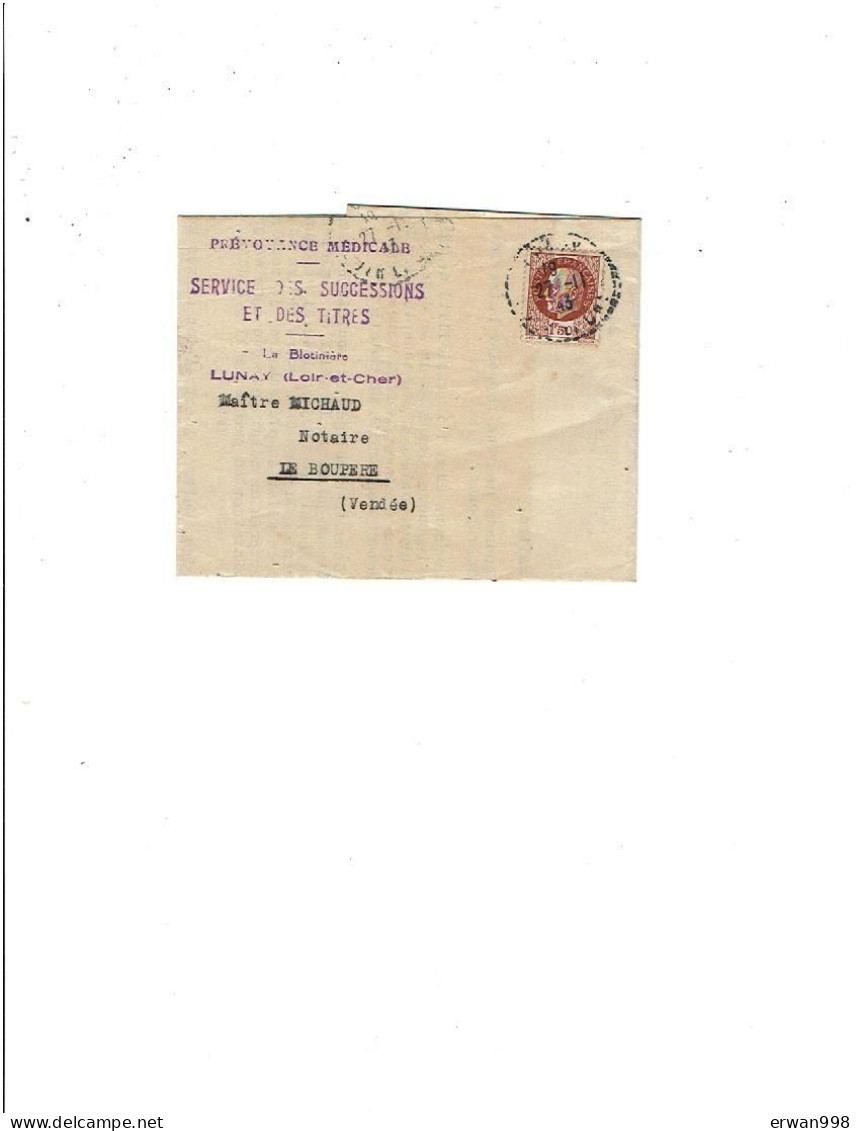 41 LUNAY Cachet Manuel 27/11/1943 S/ PETAIN 1fr50 S/ Lettre Sté Française Des Eaux Minérales - Prévoyance Médicale 158) - Cachets Manuels