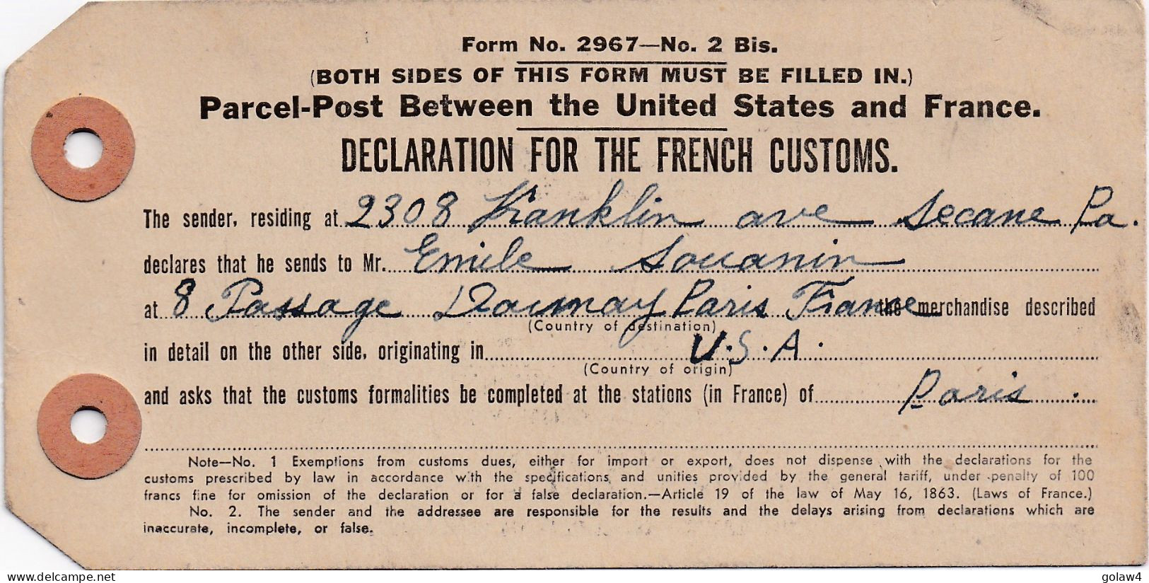 37156# DECLARATION FOR THE FRENCH CUSTOMS FOOD CLOTHING Obl SECANE PA PENNSYLVANIE 1947 DOUANE ALIMENT VETEMENT - Briefe U. Dokumente