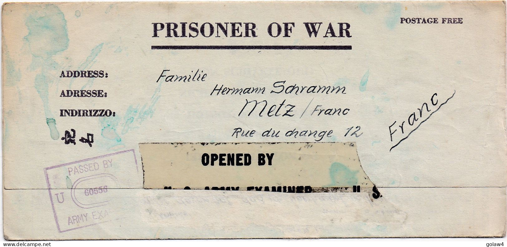 37160# PRISONER OF WAR CAMP ASHFORD GENERAL HOSPITAL WEST VIRGINIA USA 1945 CENSURE Pour METZ MOSELLE - Covers & Documents