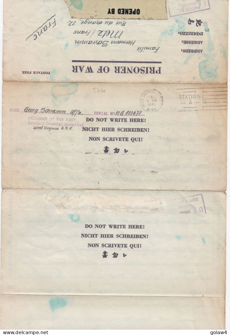 37160# PRISONER OF WAR CAMP ASHFORD GENERAL HOSPITAL WEST VIRGINIA USA 1945 CENSURE Pour METZ MOSELLE - Briefe U. Dokumente