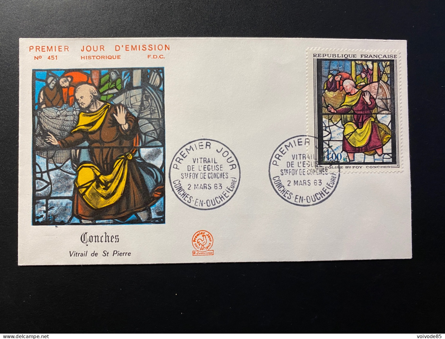 Enveloppe 1er Jour "Vitrail De L'Eglise Sainte Foy - Conches" 02/03/1963 - 1377 - Historique N° 451 - 1960-1969