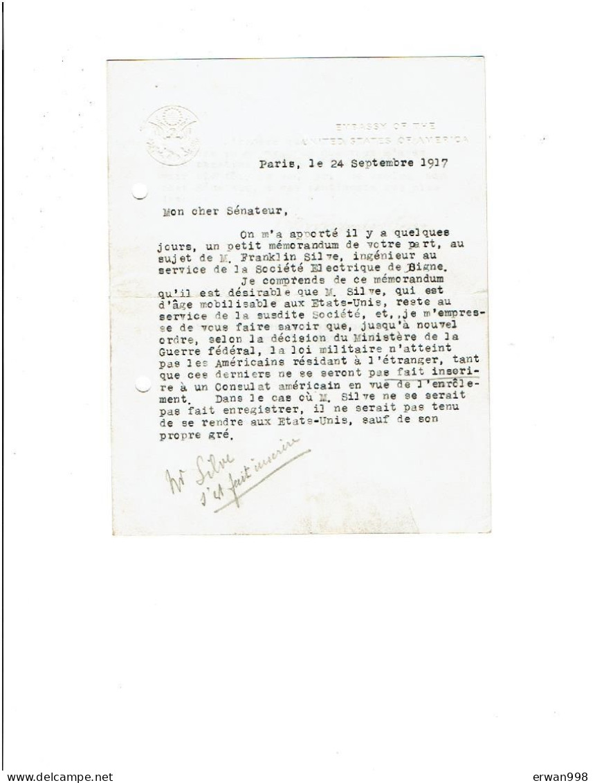 1ère Guerre Mondiale Lettre Du 24/9/1917 De L'ambassade Des USA à PARIS Loi Militaire Et Le Citoyen Américain  (163) - Documenti Storici