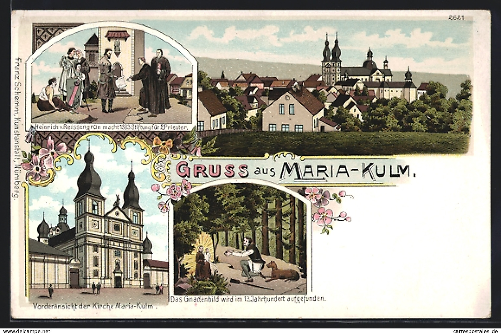 Lithographie Maria-Kulm, Kirche, Gnadenbild, Ortsansicht  - Tchéquie