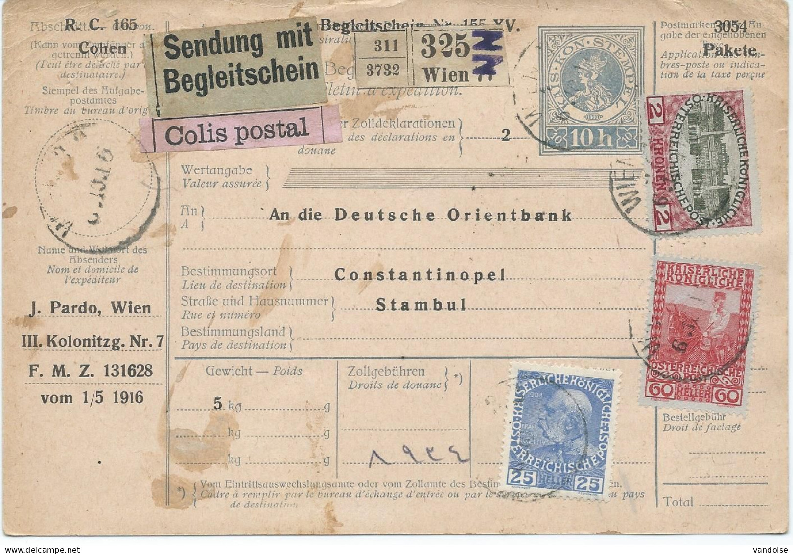 BULLETIN DE COLIS POSTAL 1916 AVEC AFFRANCHISSEMENT COMPLEMENTAIRE POUR CONSTANTINOPLE - Autres & Non Classés