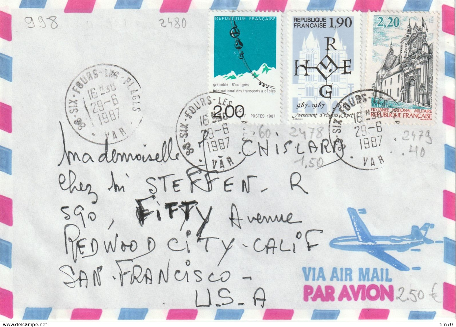 CAD  83  SIX - FOURS - LES - PLAGES  /  N° 2478 + N° 2479 + N° 2480    POUR  SAN  FRANCISCO  U S A - Cachets Manuels