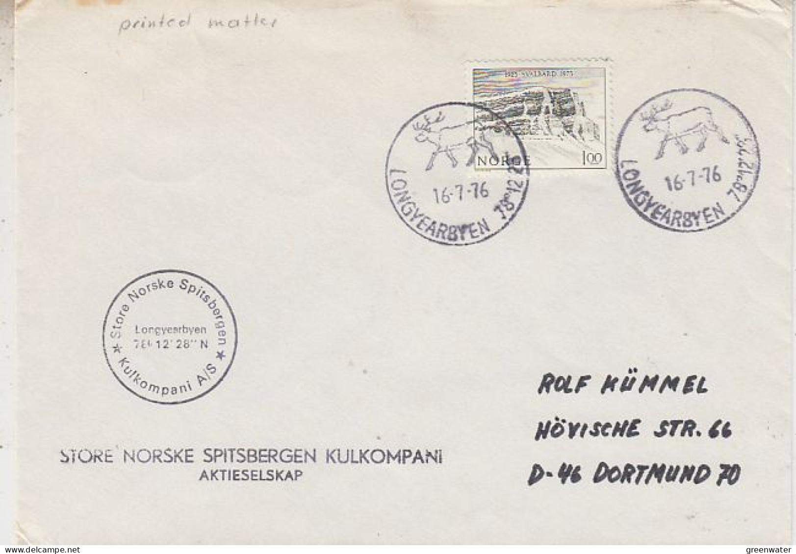 Norway Store Norske Spitsbergen Cover Ca Lonyearbyen 16.7.1976 (59847) - Stations Scientifiques & Stations Dérivantes Arctiques