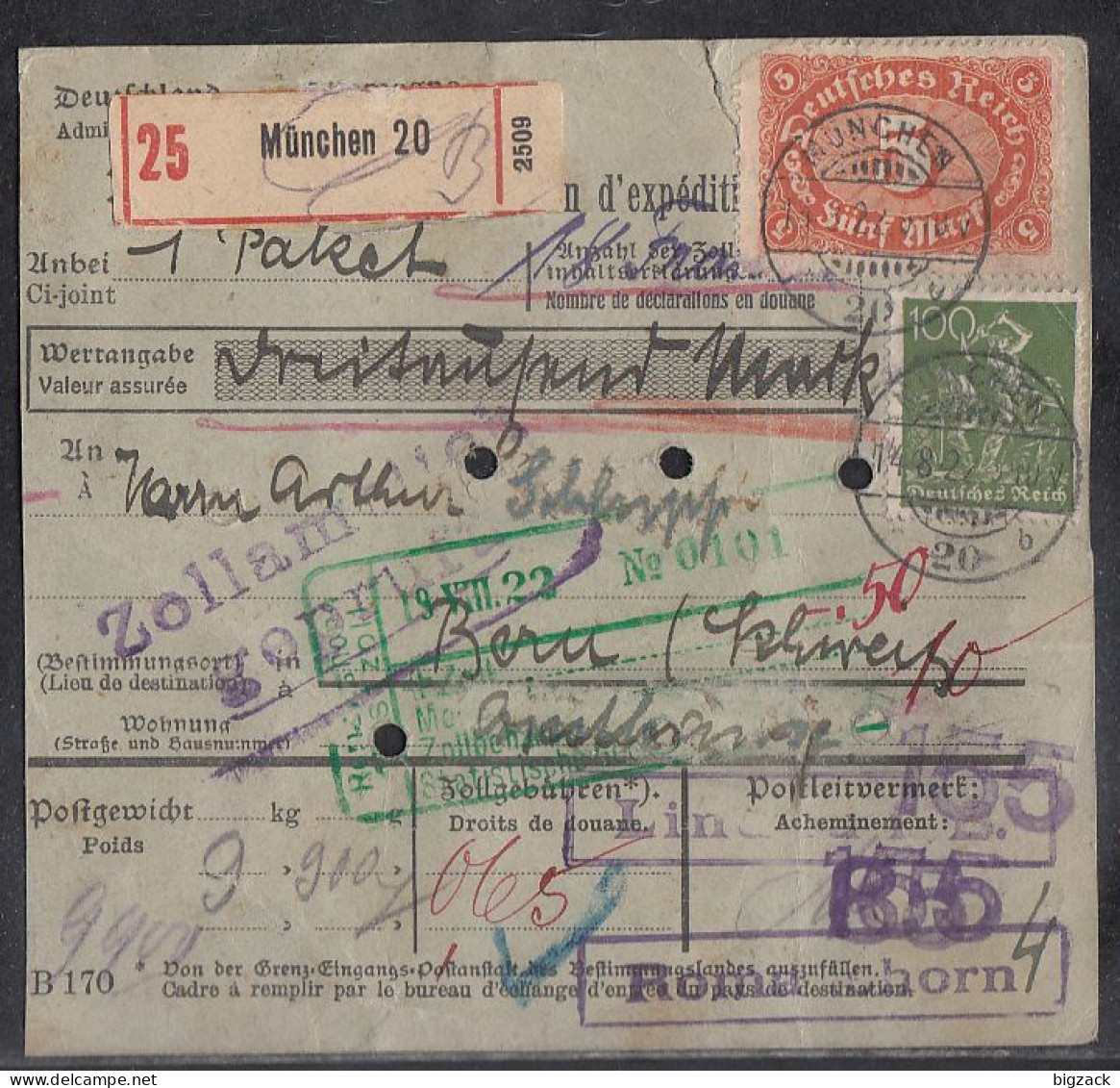 DR Paketkarte Mif Minr.187,194,7x 204 München 14.8.22 Gel. In Schweiz - Briefe U. Dokumente