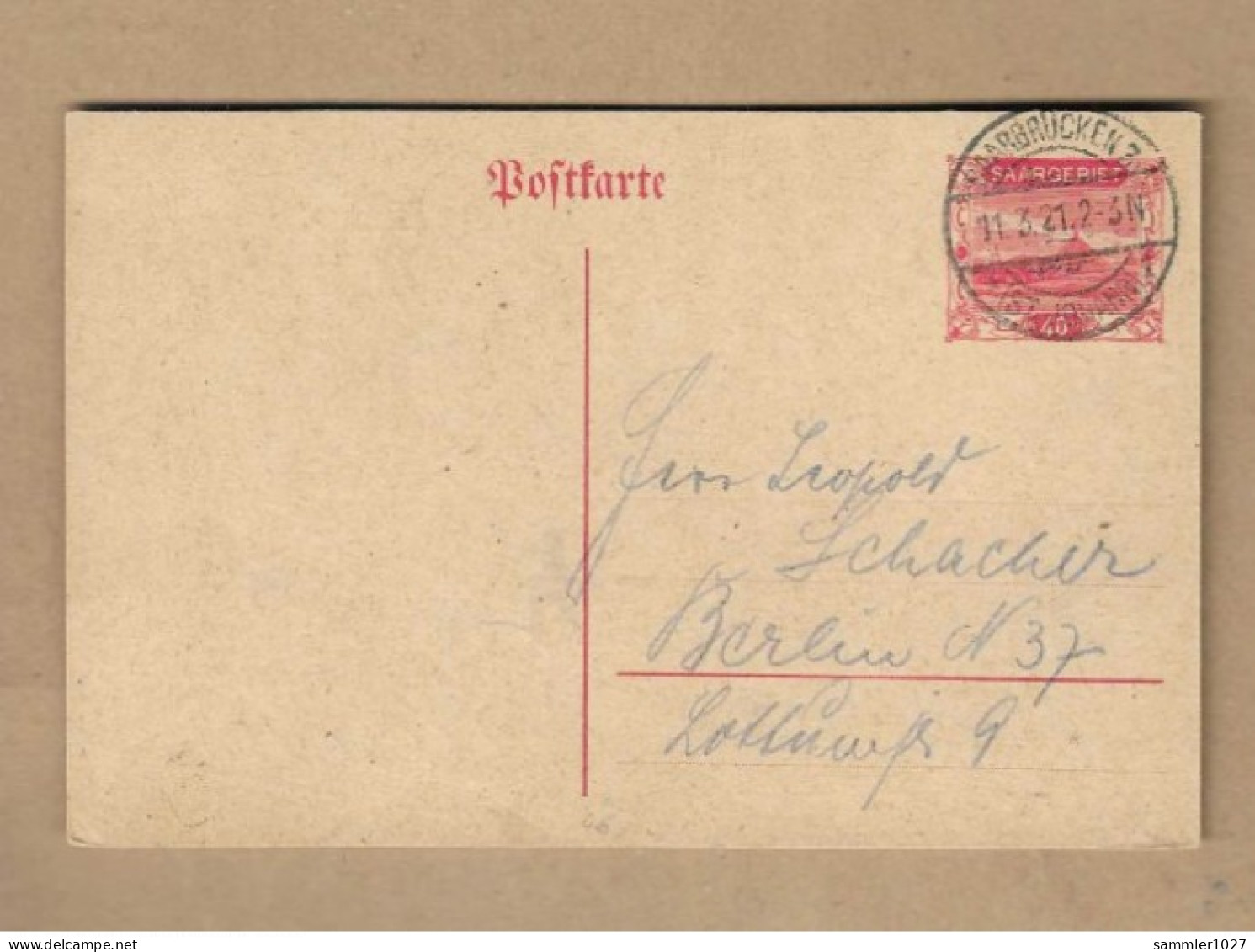 Los Vom 17.05 - Ganzsache-Postkarte Aus Saarbrücken 1921 - Briefe U. Dokumente