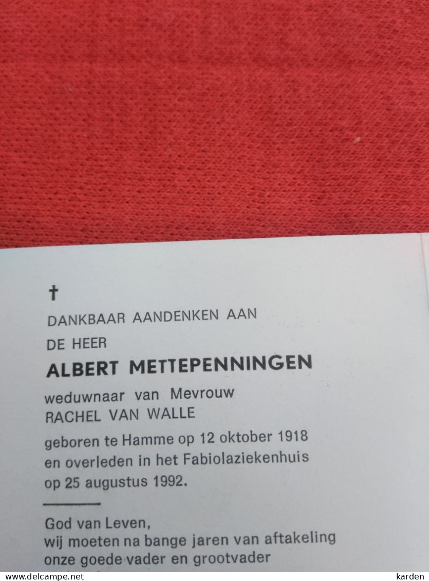Doodsprentje Albert Mettepenningen / Hamme 12/10/1918 - 25/8/1992 ( Rachel Van Walle )