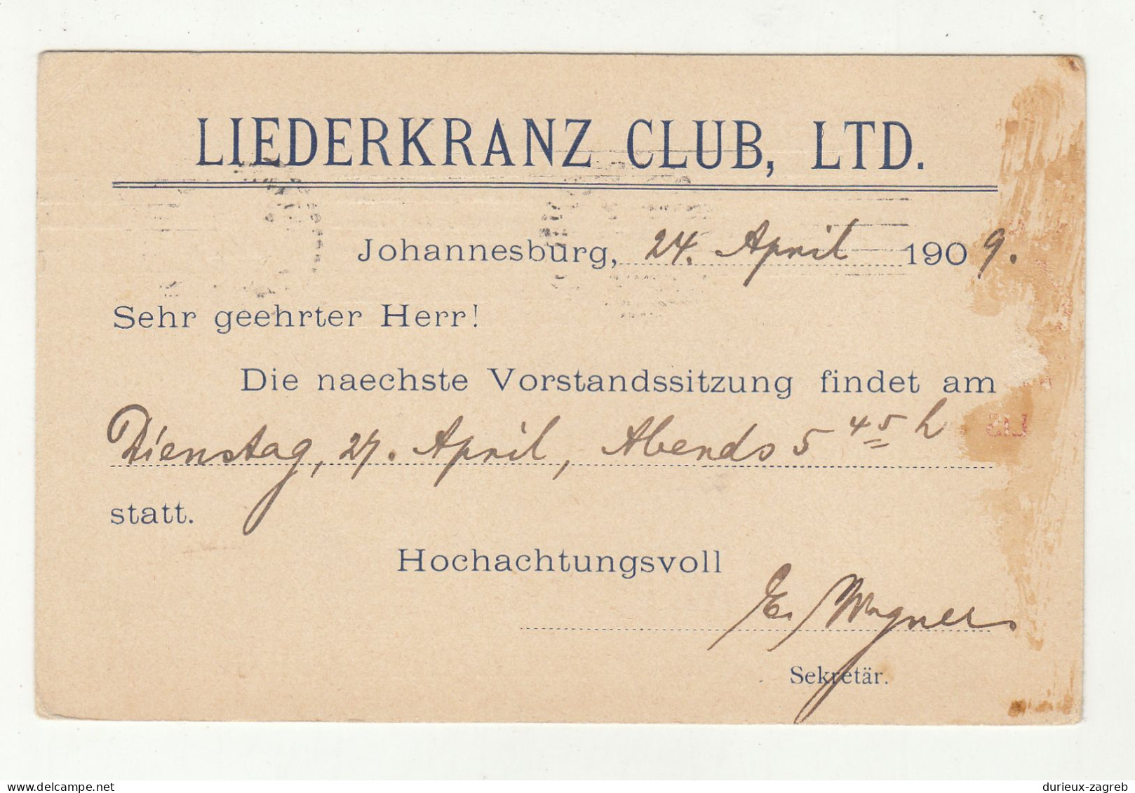 Liederkranz Club, Ltd, Johannesburg Company Preprinted Postal Stationery Postcard Posted 1909 B240510 - Transvaal (1870-1909)