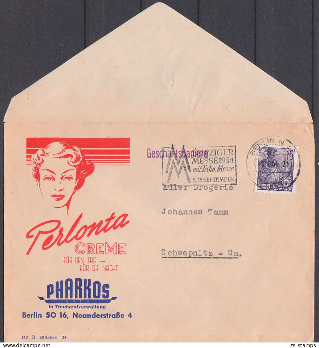 Berlin MWSt. Leipziger Messe Auf Werbeumschlag Perlonta Creme, Pharkos - Franking Machines (EMA)