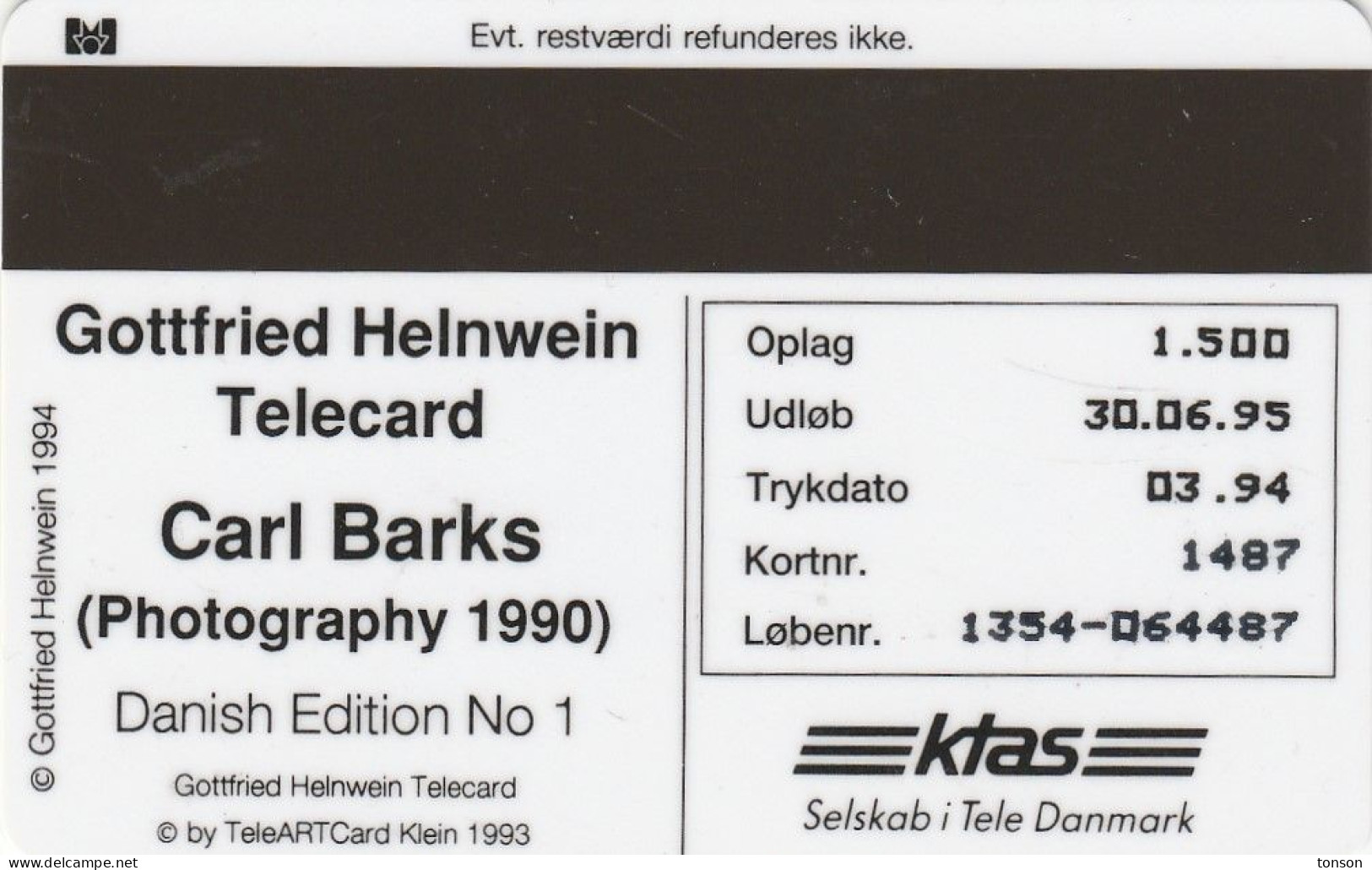 Denmark, KP 068, Carl Barks, Mint Only 1500 Issued, 2 Scans.   Cartoonist For Disney - Danemark
