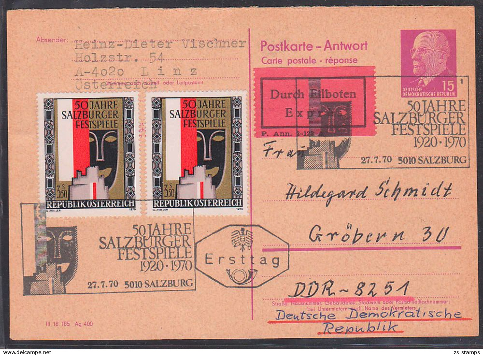 Antwort-GA 15 Pfg. W. Ulbricht Aus Salzburg Festspiele Mit Auffrankatur Für Eil-Sdg., P74A - Cartoline - Usati