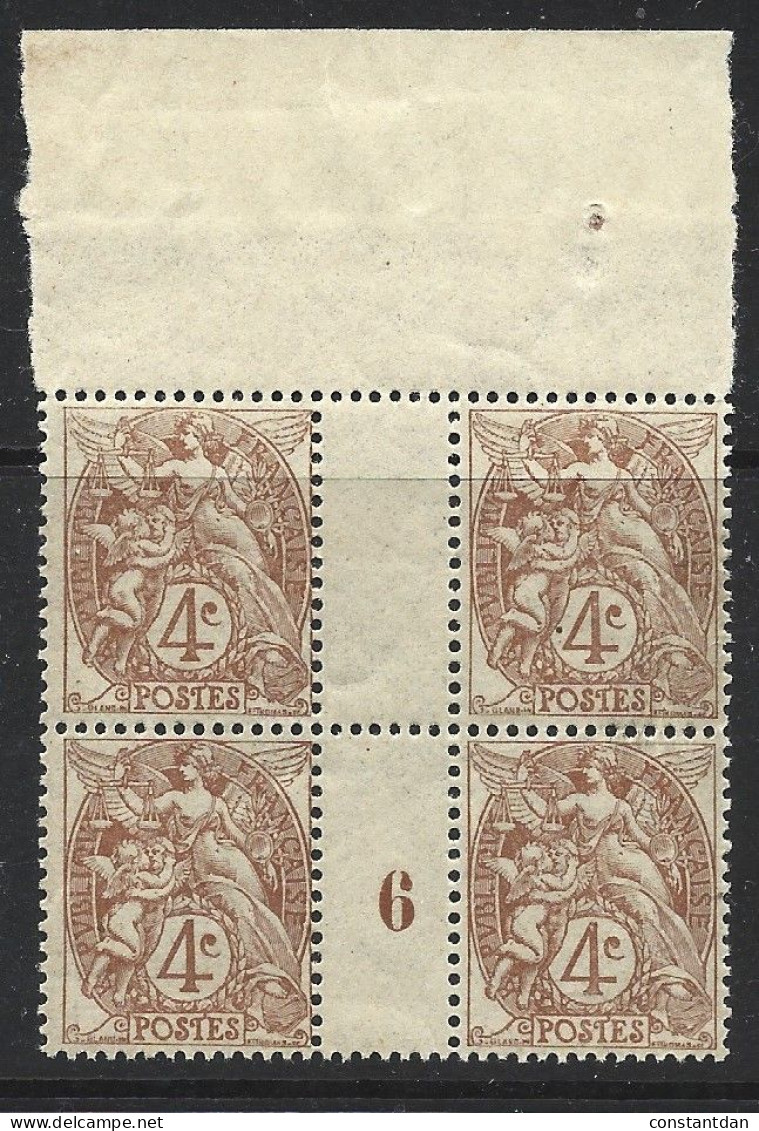 FRANCE N° 110 4C BRUN TYPE BLANC MILLESIME 1906 BLOC DE 4 NEUF SANS CHARNIERE - Millésimes