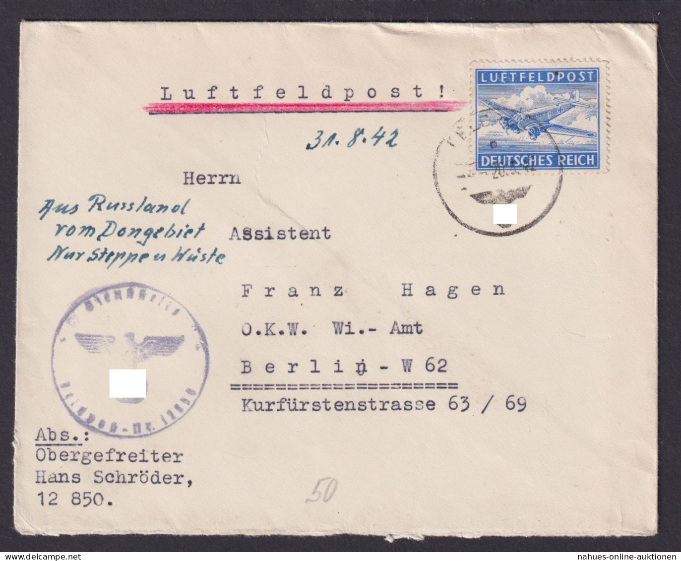 Deutsches Reich Brief An OKW Rüstungsamt Berlin Franz Hagen Luftfeldpost - Cartas & Documentos