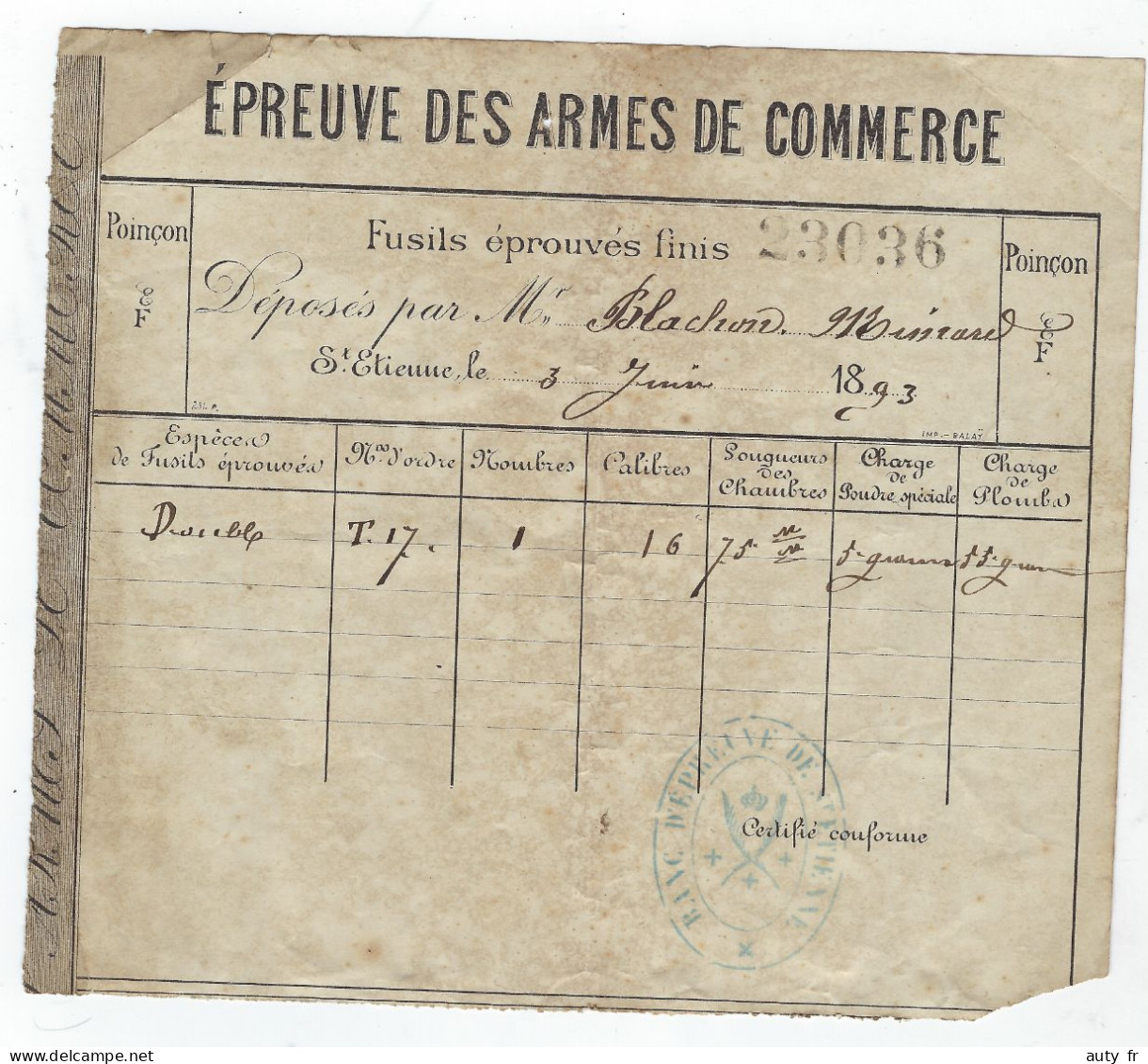 Chasse Epreuve Des Armes De Commerce - Banc Epreuve De ST ETIENNE 1893 - Historische Dokumente