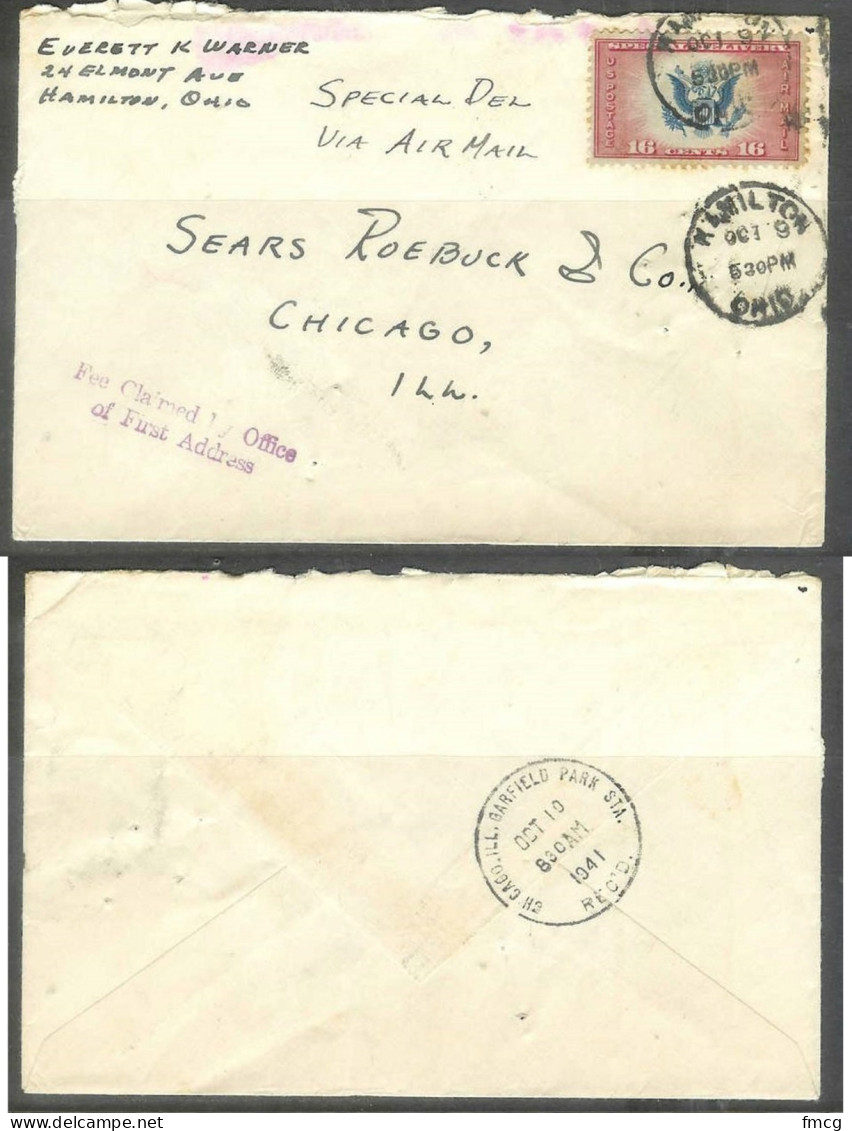 1941 16 Cents Airmail Special Delivery Hamilton Ohio October 9 To Chicago - Brieven En Documenten