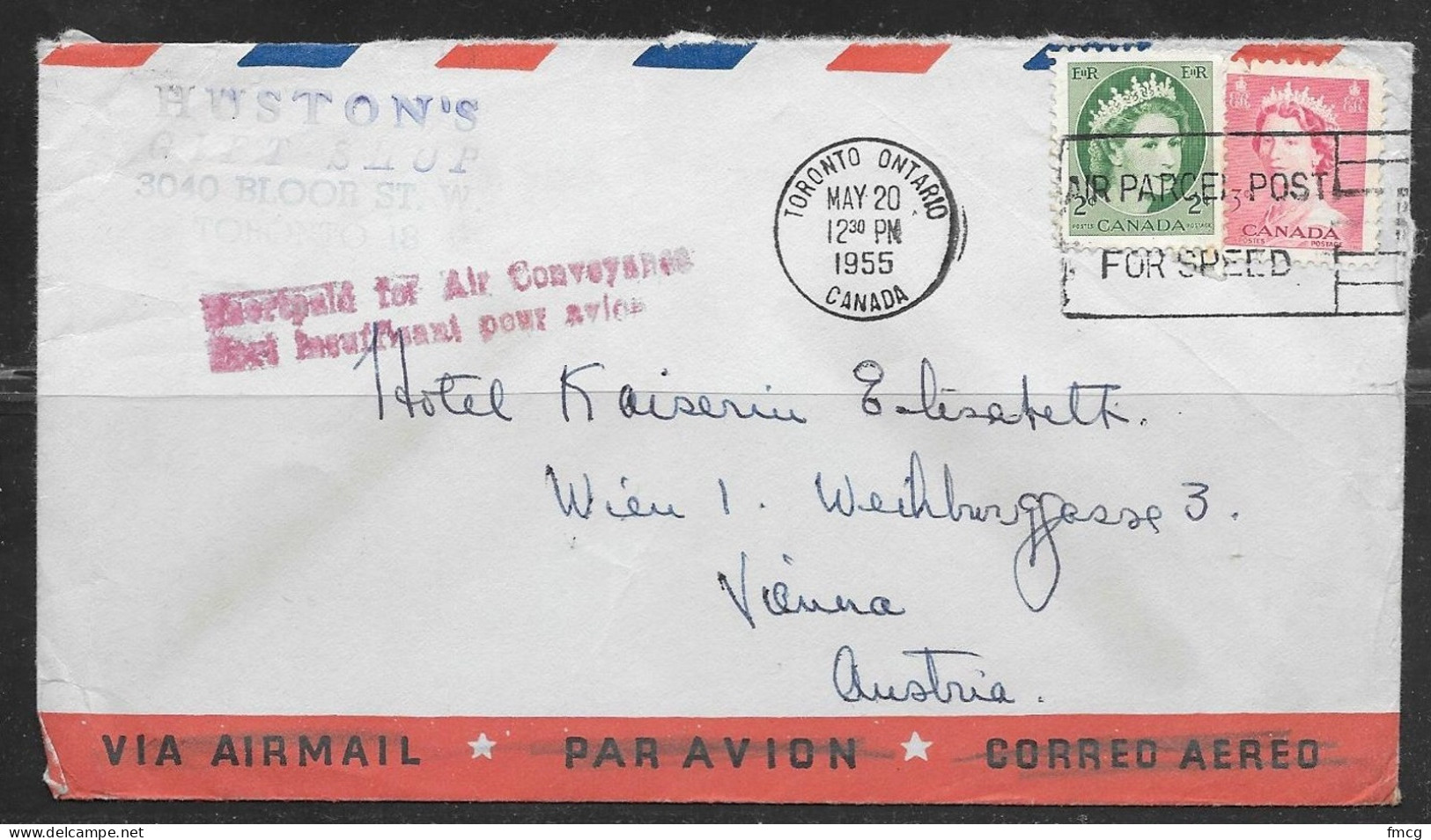 1955 Air Conveyance Stamp, Toronto To Austria - Covers & Documents