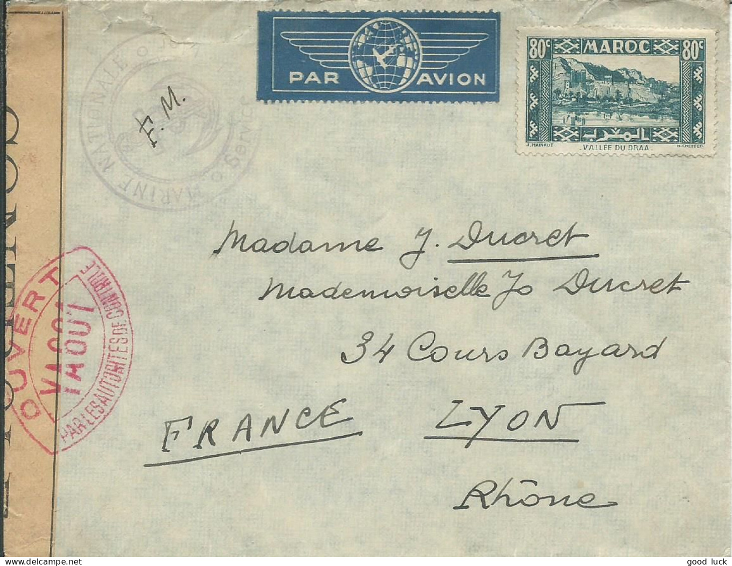 MAROC LETTRE CENSUREE PAR AVION 80c CASABLANCA CACHET MARINE NATIONALE POUR LYON ( RHONE ) DE 1941 LETTRE COVER - Lettres & Documents