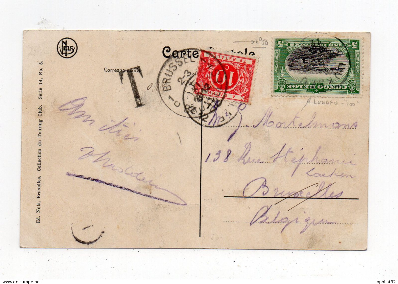 !!! CONGO BELGE, CPA DE 1912 POUR BRUXELLES TAXEE A L'ARRIVEE, CACHET DE LUKAFU - Lettres & Documents