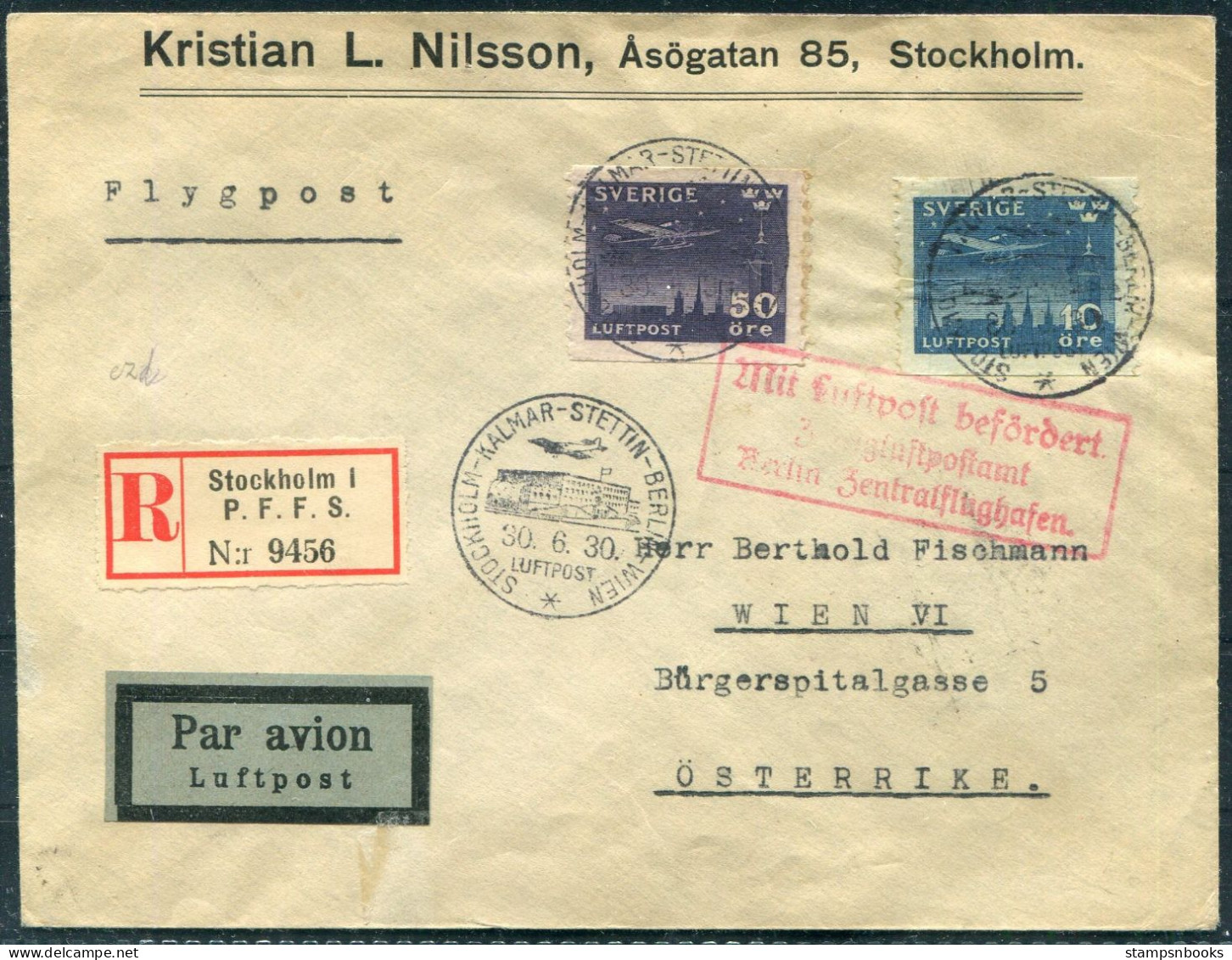 1930 Sweden Stockholm - Kalmar - Stettin - Berlin - Wien Austria Airmail Flight Cover  - Brieven En Documenten