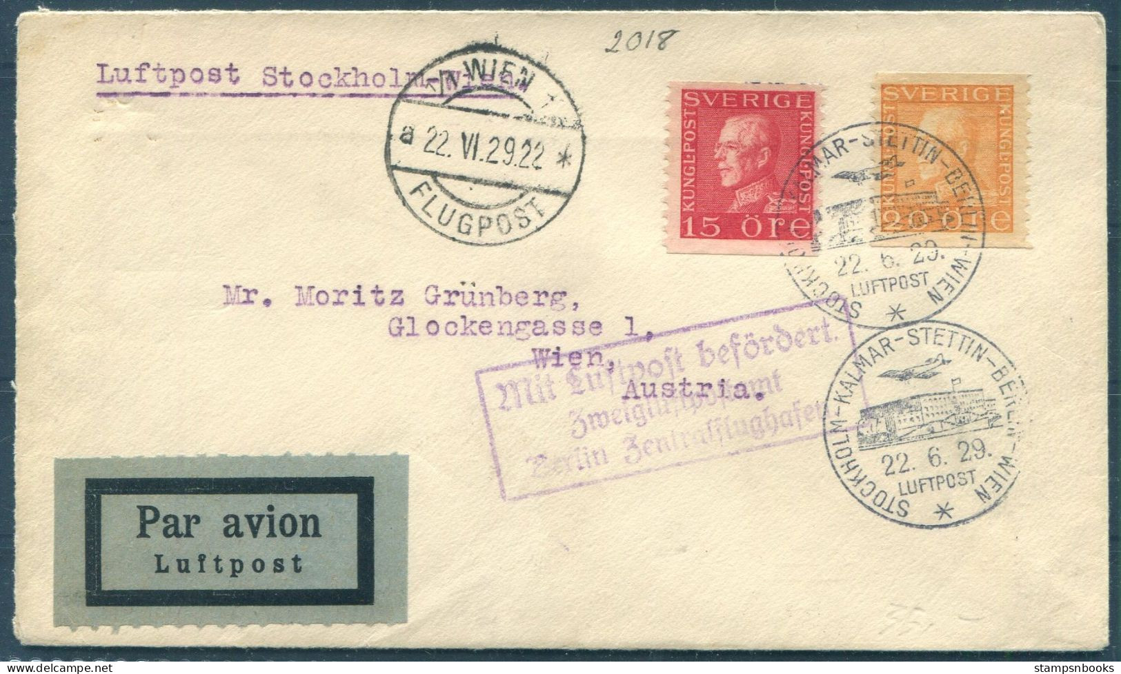 1929 Sweden Stockholm - Kalmar - Stettin - Berlin - Wien Austria Airmail Lufthansa 1st Flight Cover  - Brieven En Documenten