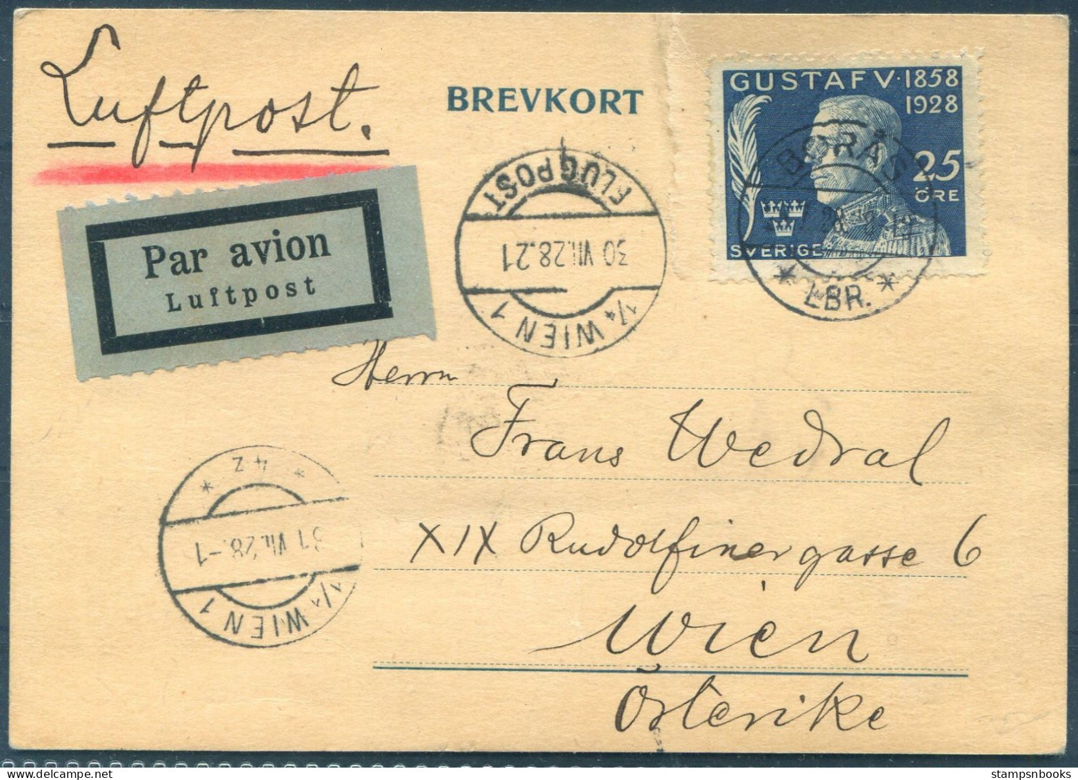 1928 Sweden Boras - Wien Austria Airmail Luftpost Flight Postcard  - Lettres & Documents