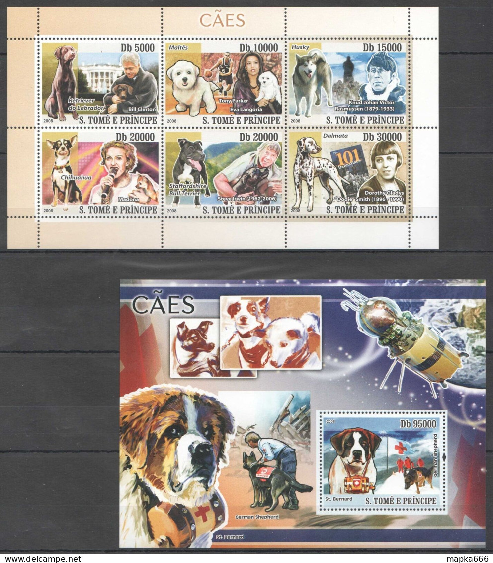 O0238 2008 S. Tome & Principe Pets Dogs Caes & Famous People & Space 1Bl+1Kb Mnh - Dogs