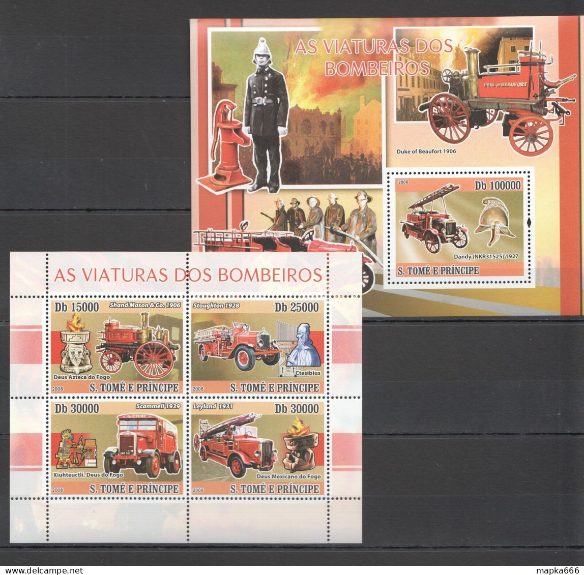 O0222 2008 Sao Tome & Principe Transport Fire Trucks Bl+Kb Mnh - Auto's